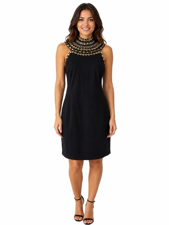 Grayse Dresses & Skirts - Grayse Black Dress Mock Neck Rhinestone Bead Gold Sheath Knit Sleeveless Mini L